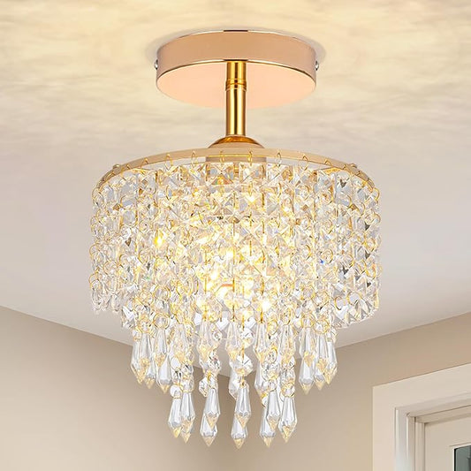 Mini Crystal Chandelier 3-Tier Raindrop Semi Flush Mount Ceiling Light Fixture Crystal Chandeliers for Bedroom Kitchen Hallway Bathroom Closet (Gold)