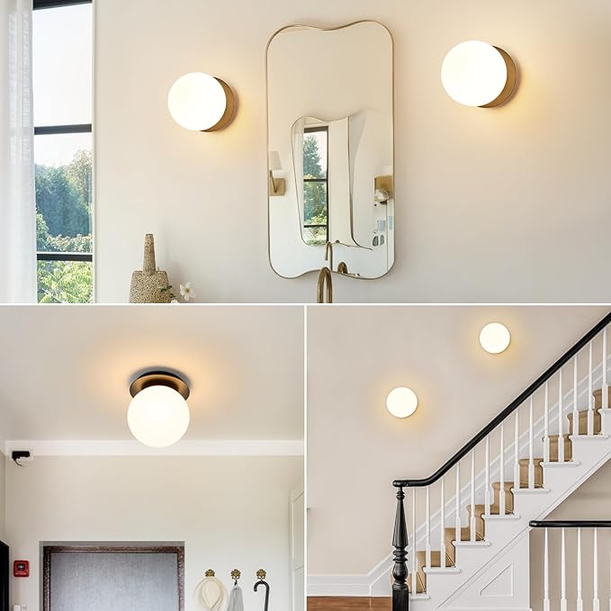 Modern Globe Black Wall Sconce: 6" Black Mid Century Modern Indoor Wall Mounted Lamps - Small Minimalist White Glass Bathroom Sconces - Ball Vanity Light for Bedroom Living Room Hallway Entryway Stair
