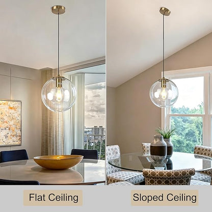 Modern Gold Globe Pendant Light, 10" Mid Century Brushed Brass Hanging Pendant Light Fixtures with Clear Glass for Kitchen Island Dining Room Bedroom Hallway Foyer, Adjustable Height