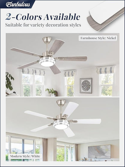 Fanbulous 48 Inch Ceiling Fans with Lights and Remote, Brushed Nickel Ceiling Fan with 8 Dual-Color Blades, Indoor/Outdoor Large Ceiling Fans, Reversible DC Motor, 6-Speed, 3CCT for Living Porch Patio