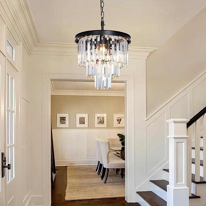 Small Black Crystal Chandeliers for Dining Room, 3-Tier 4 Lights Modern Chandelier Contemporary Luxury Top K9 Crystal Ceiling Pendant Light Fixture for Foyer Kitchen Bedroom Closet 14"