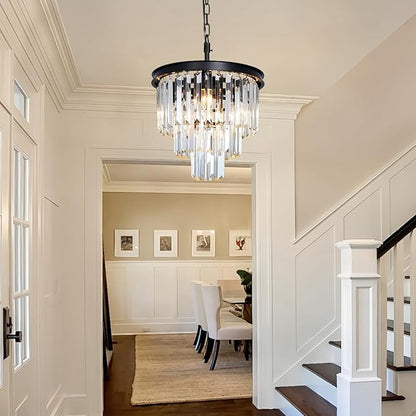 Small Black Crystal Chandeliers for Dining Room, 3-Tier 4 Lights Modern Chandelier Contemporary Luxury Top K9 Crystal Ceiling Pendant Light Fixture for Foyer Kitchen Bedroom Closet 14"