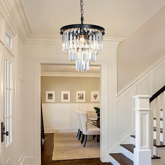 Small Black Crystal Chandeliers for Dining Room, 3-Tier 4 Lights Modern Chandelier Contemporary Luxury Top K9 Crystal Ceiling Pendant Light Fixture for Foyer Kitchen Bedroom Closet 14"