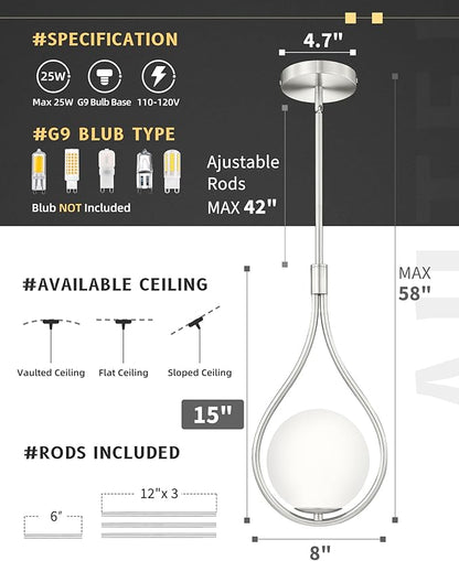 AUTELO Modern Pendant Lights Kitchen Island, 1-Light Pendant Lights in Brushed Nickel Finish with Milky White Globe Glass, Nickel Pendant Light Fixtures, Hanging Lamp for Kitchen Island H9377 MGST