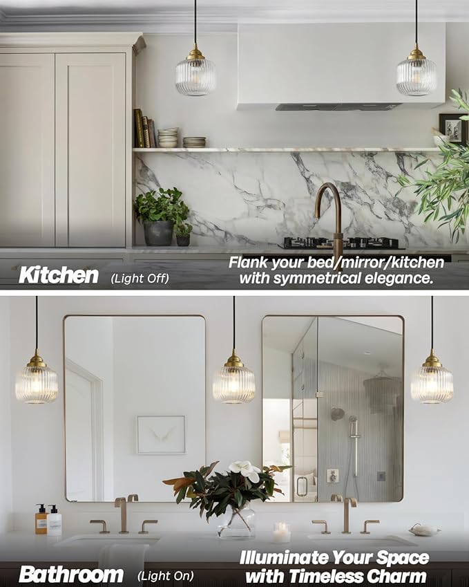 Vintage Ceiling Pendant Light with Clear Ribbed Glass Lampshade, Industrial Globe Hanging Light Fixture for Kitchen Island Hallway Dining Room Stairway