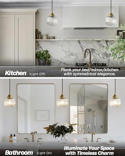 Vintage Ceiling Pendant Light with Clear Ribbed Glass Lampshade, Industrial Globe Hanging Light Fixture for Kitchen Island Hallway Dining Room Stairway