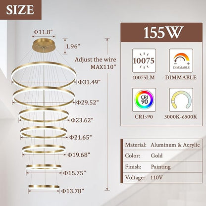 7-Rings D31.5’’ Modern LED Chandelier Gold Dimmable High Ceiling Chandeliers Foyer with Remote Control for Staircase Entryway Dining Room Living Room, 3000K-6500K