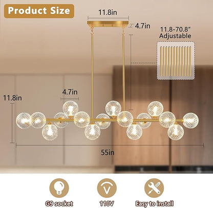 55" Linear Chandelier Swirled Glass Gold Sputnik Chandelier, Long Modern Chandeliers for Dining Room 16-Light Electroplated Brass Large Chandelier Long Dining Room Light Fixture Linear Island Lights