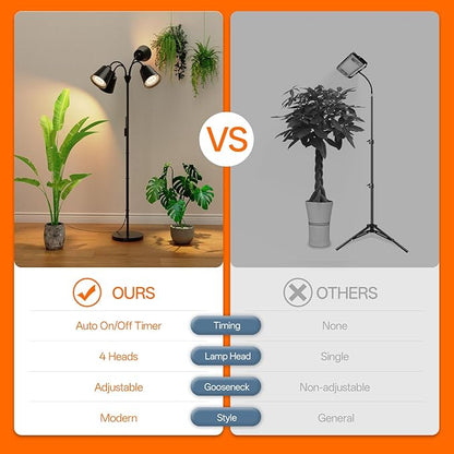 Bstrip Grow Lights for Indoor Plants, Non-Dimmable 4 Head Plant Light Stand with Flexible Gooseneck, 3800K Full Spectrum Light for Plants Growing, 59" Standing Grow Light with Timer
