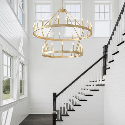 HHR 48" Gold Wagon Wheel Chandelier 2 Tiers, 36-Light Large Farmhouse Chandelier for High Ceilings, Round Rustic Pendant Light Fixture for Foyer, Entryway, Dining Room, E12