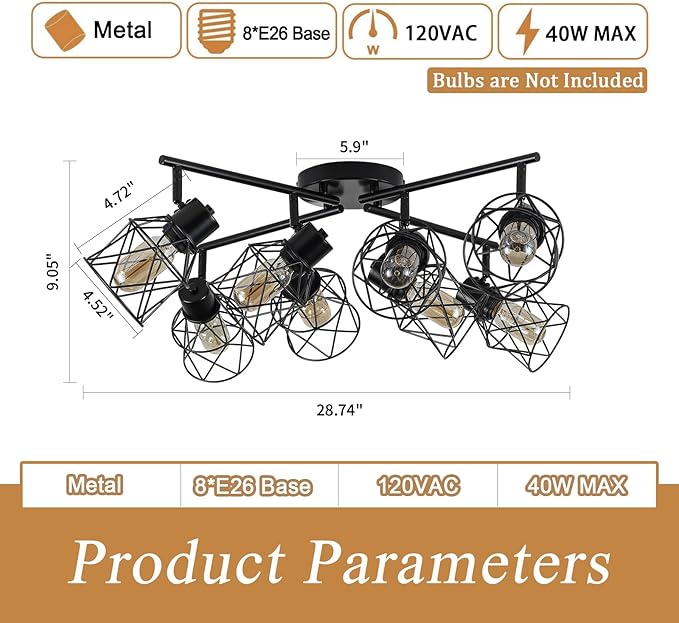 8 Lights Adjustable Multi-Directional Black Light Fixtures, Semi Flush Mount Ceiling Light, Kitchen Light Fixtures Track Lighting Fixtures with Metal Cage Industrial Spotlight Fixtures for Dining Room