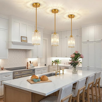 3 Pack Brushed Gold Pendant Lights Kitchen Island, Modern Crystal Chandelier Kitchen Pendant Lighting Over Island, Adjustable Hanging Mini Light Fixtures for Dining Room Hallway Corridor Bedroom