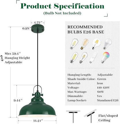 Green Pendant Lights Kitchen Island 2 Pack, Dome Pendant Light, Farmhouse Pendant Light Fixtures (11.41" W), Island Pendant Light for Kitchen, Restaurants, Cafes