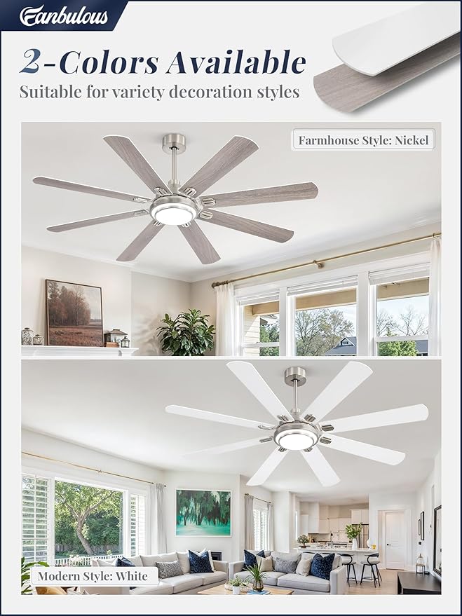 Fanbulous 65 Inch Ceiling Fans with Lights and Remote, Brushed Nickel Ceiling Fan with 8 Dual-Color Blades, Indoor/Outdoor Large Ceiling Fans, Reversible DC Motor, 6-Speed, 3CCT for Living Porch Patio