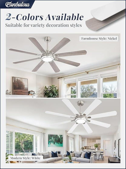 Fanbulous 65 Inch Ceiling Fans with Lights and Remote, Brushed Nickel Ceiling Fan with 8 Dual-Color Blades, Indoor/Outdoor Large Ceiling Fans, Reversible DC Motor, 6-Speed, 3CCT for Living Porch Patio