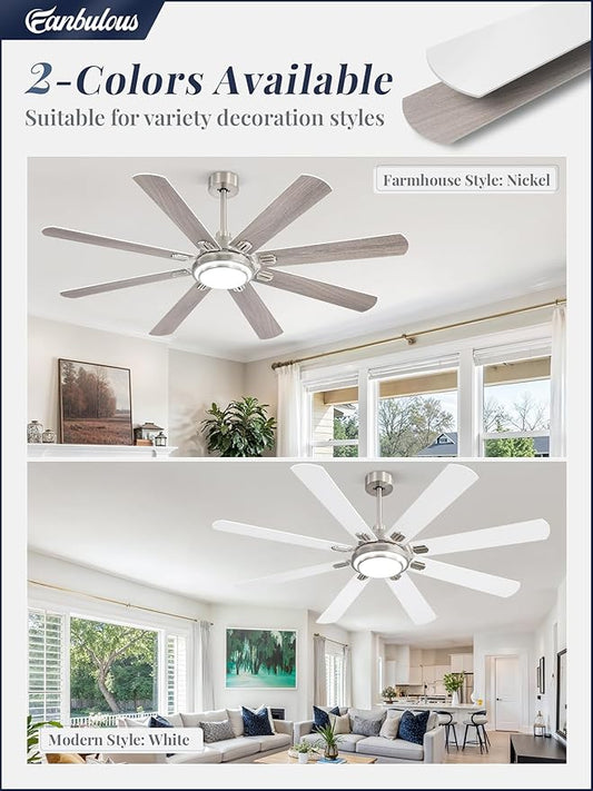 Fanbulous 65 Inch Ceiling Fans with Lights and Remote, Brushed Nickel Ceiling Fan with 8 Dual-Color Blades, Indoor/Outdoor Large Ceiling Fans, Reversible DC Motor, 6-Speed, 3CCT for Living Porch Patio