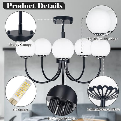 Black Chandelier Pendant Lighting, 5-Light Kitchen Light Fixtures, Mid-Century Modern Large Semi-Flush Ceiling Light Fixture with Frosted Globe Glass for Dining Room Living Room Bedroom Brass