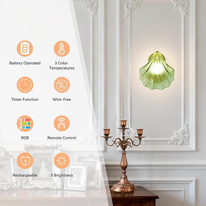Vintage Battery Operated Wall Sconces with Remote, Green Rechargeable Wireless Wall Sconces with Magnetic LED Bulbs, Indoor Shell Shaped Wall Lights for Living Room, Bedroom, Bedside, Doorway