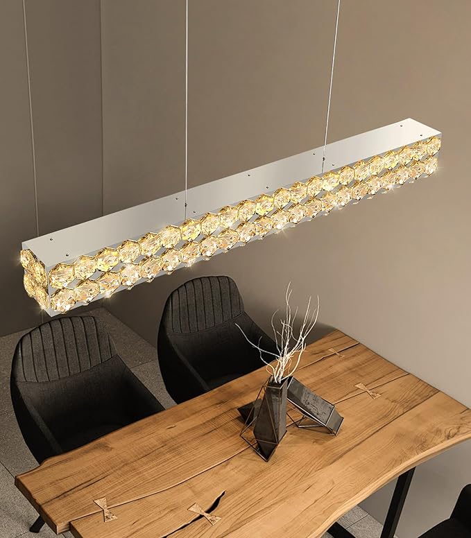 40'' Modern Crystal Chandelier for Dining Room Ceiling Light Fixture for Living Room Hallway Lighting LED Dimmable with Remote Silver