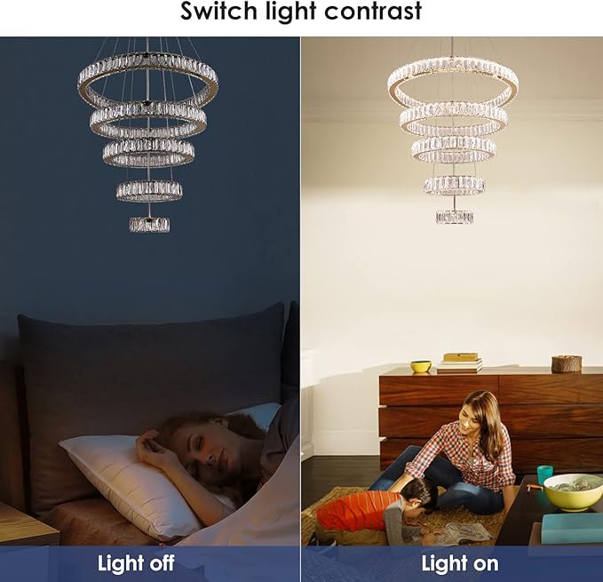 Dixun Dimmable LED Chandeliers Big Crystal Chandeliers Modern 5 Rings Pendant Light Adjustable Height Ceiling Lamp for Bedroom Dinning Room Living Room Kitchen (Titanium Gold)