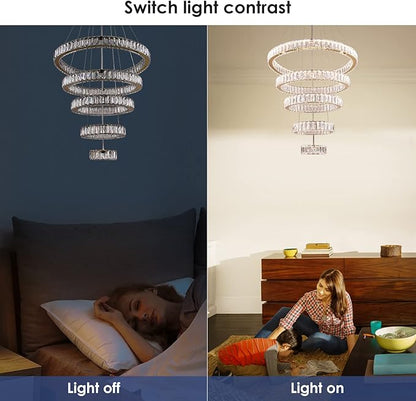 Dixun Dimmable LED Chandeliers Big Crystal Chandeliers Modern 5 Rings Pendant Light Adjustable Height Ceiling Lamp for Bedroom Dinning Room Living Room Kitchen (Titanium Gold)