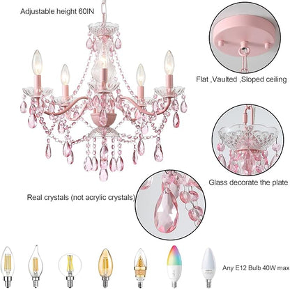 AMZASA Modern Crystal Pink Chandelier, Not Acrylic Crystal,Pink Crystals Hanging Pendant Light for Girls Room,Ceiling Medallions, Farmhouse Glass Chandelier for Wedding, Kitchen, Dining,Foyer,Island