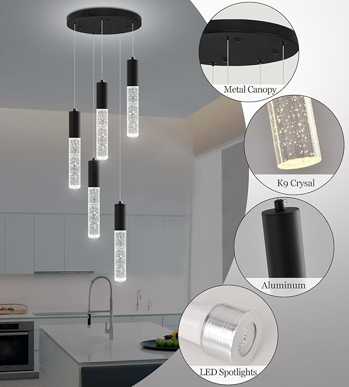 Modern Crystal Chandelier for Kitchen Island 5-Lights, Elegant Black LED Bubble Pendant Lighting Fixture for Dining Room Bedroom Entryway