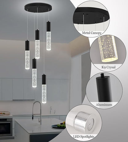 Modern Crystal Chandelier for Kitchen Island 5-Lights, Elegant Black LED Bubble Pendant Lighting Fixture for Dining Room Bedroom Entryway