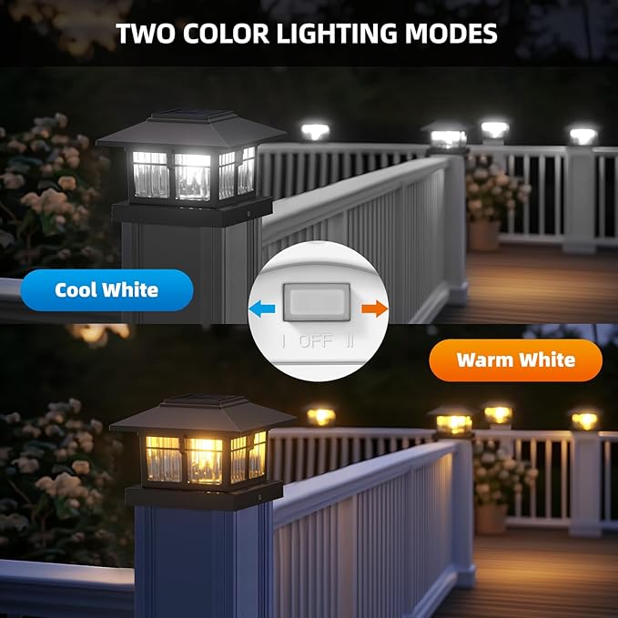 EXCMARK 2 Pack 4x4 Solar Post Cap Lights, Fence Deck Post Lights Outdoor Solar Powered Waterproof with Two Light Modes Warm&Cool White for Garden Patio Decor. (Classic Black,2)