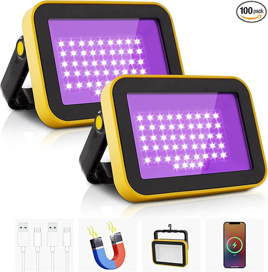 Rechargeable LED Black Light, Battery Powered Portable Blacklight, 400nm LED Flood Light Black Lights, Neon Glow Party, Blacklight Catfishing, Halloween, Glow in The Dark Decoration 2 Pack