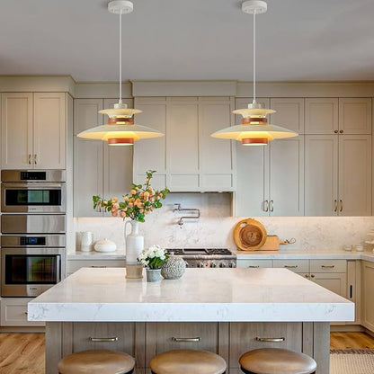 EFINEHOME Modern Decor Adjustable Pendant Lamp Kitchen Island, Aluminum and Wood Finish,1-Light E26 Base Ceiling Hanging Light for Dining Room Shop Restaurant (Beige+Dark Wood Grain, 35cm)