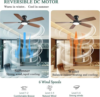 NKPU Ceiling Fans with Lights, Low Profile Ceiling Fan with Light and Remote/APP Control, DC Motor, Noiseless, Flush Mount, 52inch Brown Ceiling Fan for Bedroom Indoor/Outdoor Use