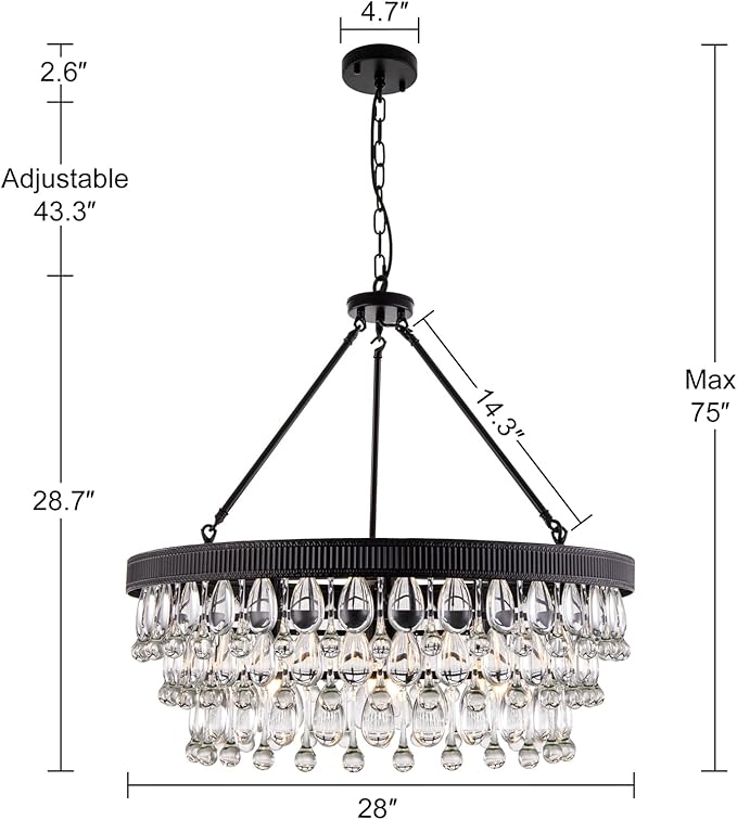 TOCHIC Crystal Chandeliers, 6-Light 3 Tiers Black Crystal Chandelier Light, Modern Farmhouse Luxury Light Fixture for Bedroom, Dining Room, Kitchen Island, Living Room, Entryway, 28"