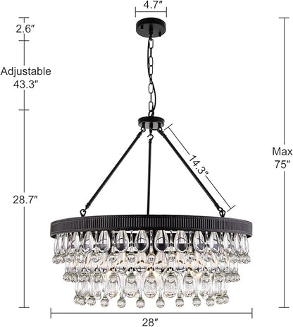 TOCHIC Crystal Chandeliers, 6-Light 3 Tiers Black Crystal Chandelier Light, Modern Farmhouse Luxury Light Fixture for Bedroom, Dining Room, Kitchen Island, Living Room, Entryway, 28"