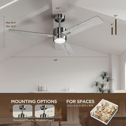 Ceiling Fan 52'' with Light: Modern Remote Control Fans Downrod Mounted - Quiet Reversible DC Motor - Light Memory Function for Outdoor Indoor