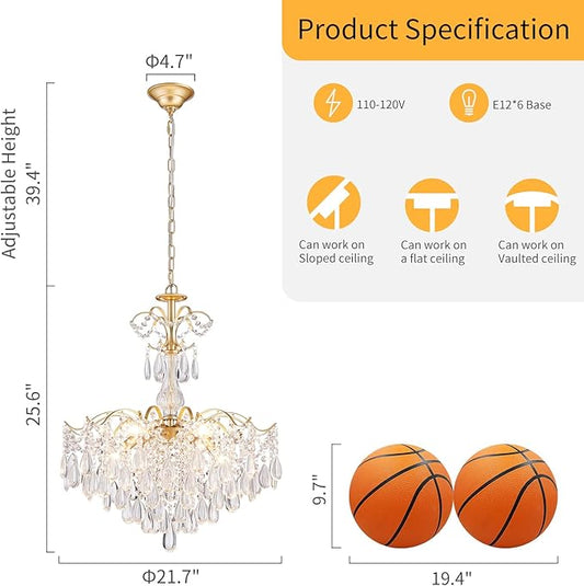 WUZUPS 6-Light Crystal Chandelier Pendant Ceiling Light Modern Lighting Fixture for Bedroom Hallway Bar Kitchen Bathroom, H 25.6" W21.7, E12 Base, Gold