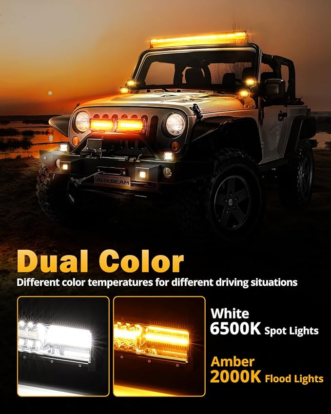Auxbeam 6 Modes Amber White Series 22Inch 120W LED Light Bar Dual Color Strobe Light Spot Flood Combo Flashing Warning Signal Off-Road Lighting for 4x4 SUV UTV ATV Trucks
