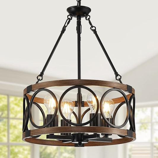 16'' Farmhouse Chandelier, 4-Light Walnut Wood Grain Dining Room Light Fixture Over Table, Rustic Industrial Drum Hanging Pendant Lights Fixture for Kitchen Island Bedroom Hallway Foyer Entryway