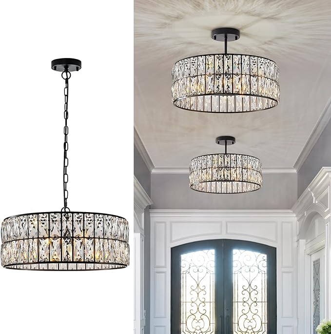 CATINER Black Crystal Chandelier 6-Lights Crystal Pendant Light Large 18 Inches Drum Semi Flush Mount Ceiling Lights for Dining Room Living Room Kitchen Closet
