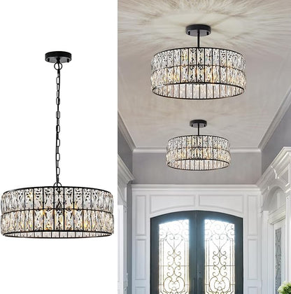 CATINER Black Crystal Chandelier 6-Lights Crystal Pendant Light Large 18 Inches Drum Semi Flush Mount Ceiling Lights for Dining Room Living Room Kitchen Closet