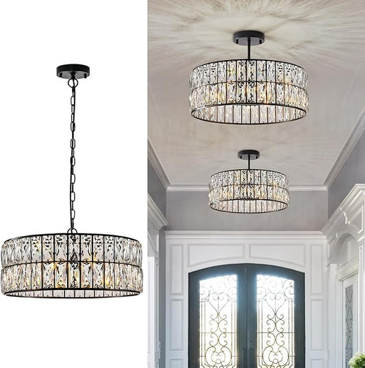 CATINER Black Crystal Chandelier 6-Lights Crystal Pendant Light Large 18 Inches Drum Semi Flush Mount Ceiling Lights for Dining Room Living Room Kitchen Closet