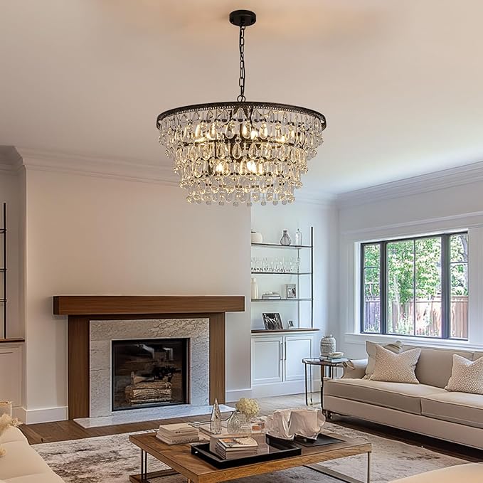 7PM Vintage Crystal Chandelier for Dining Room,28-inch Antique Crystal Ceiling Light Fixture, 5-Tier Bronze Chandelier for Living Room, Kitchen Island, Bedroom, Entryway