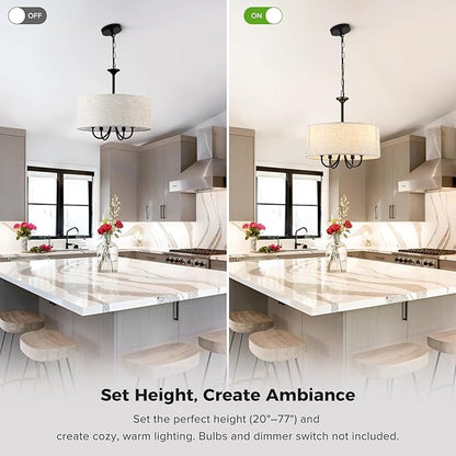 Drum Chandelier for Dining Room, 4-Light Modern Farmhouse Black Chandelier with Linen Drum Shade, 16" Hanging Pendant Ceiling Light Fixture for Kitchen Island Bedroom Living Room