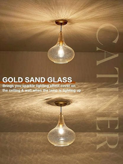 CATINER Handcrafted 11-Inch Mid-Century Modern Brass Gold Pendant Light with Seeded Glass Shade - Elegant Dining Room Pendant Light