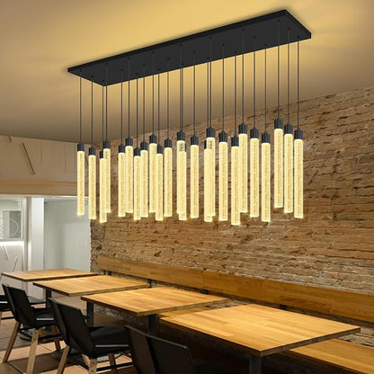 Modern Rectangular Crystal Chandeliers LED Dimmable Crystal Column Chandelier Living Room Foyer Crystals Pendant Light for Dining Room Adjustable Height 24-Light Black