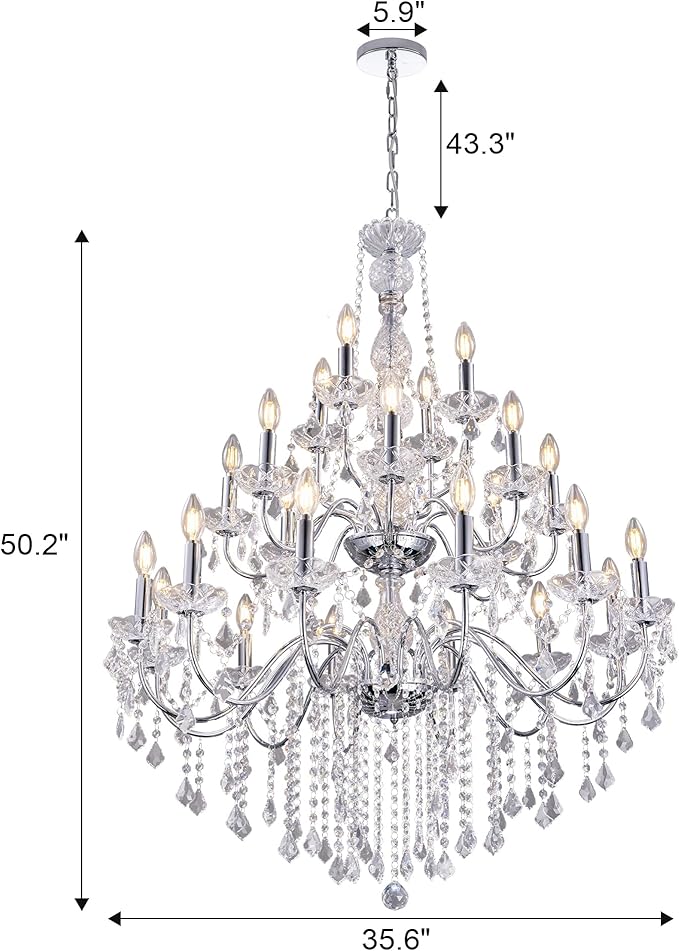 Wellmet Chrome Chandelier Light Fixture, Luxury Maria Theresa Crystal Chandeliers for High Ceiling Foyer, 24 Lights Hanging Pendant Light for Living Room EntryWay Hall Staircase Large 35.66"