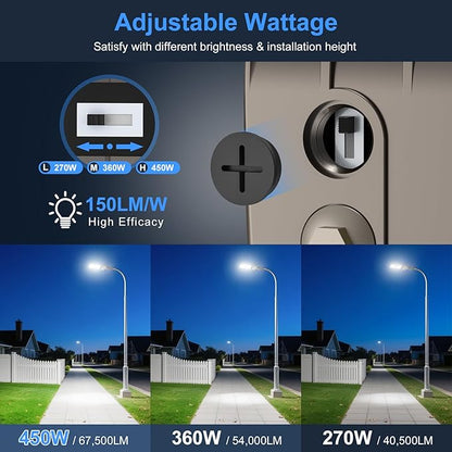 KUKUPPO 2Pack 450W LED Parking Lot Light Power Adjustable, LED Shoebox Flood Pole Light Outdoor Parking Lighting with Slip Fit 67,500LM 5000K IP65 Waterproof 100-277V ETL Listed