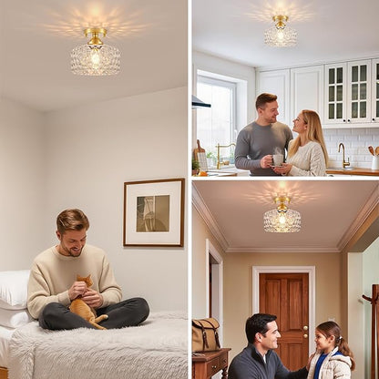 Daunton Small Semi Flush Mount Ceiling Light Fixture, Vintage Gold Close to Ceiling Lighting with Hammered Glass Shade for Hallway, Kitchen, Entryway (Retro Design, Easy Install)