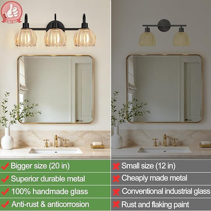 Bathroom Light Fixtures, 3-Light Black Vanity Light with Ribbed Amber Tulip Glass Shades, 20-Inch Bathroom Lighting Over Mirror for Bedroom, Living Room, Hallway (Bulbs Not Included)