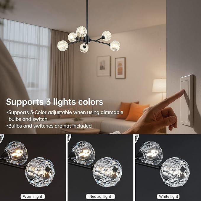 Weesalife Sputnik Chandeliers for Dining Room Light Fixture Over Table, Modern Crystal Chandeliers, 6 Lights Black Lighting Fixtures for Living Room Bedroom Kitchen Island